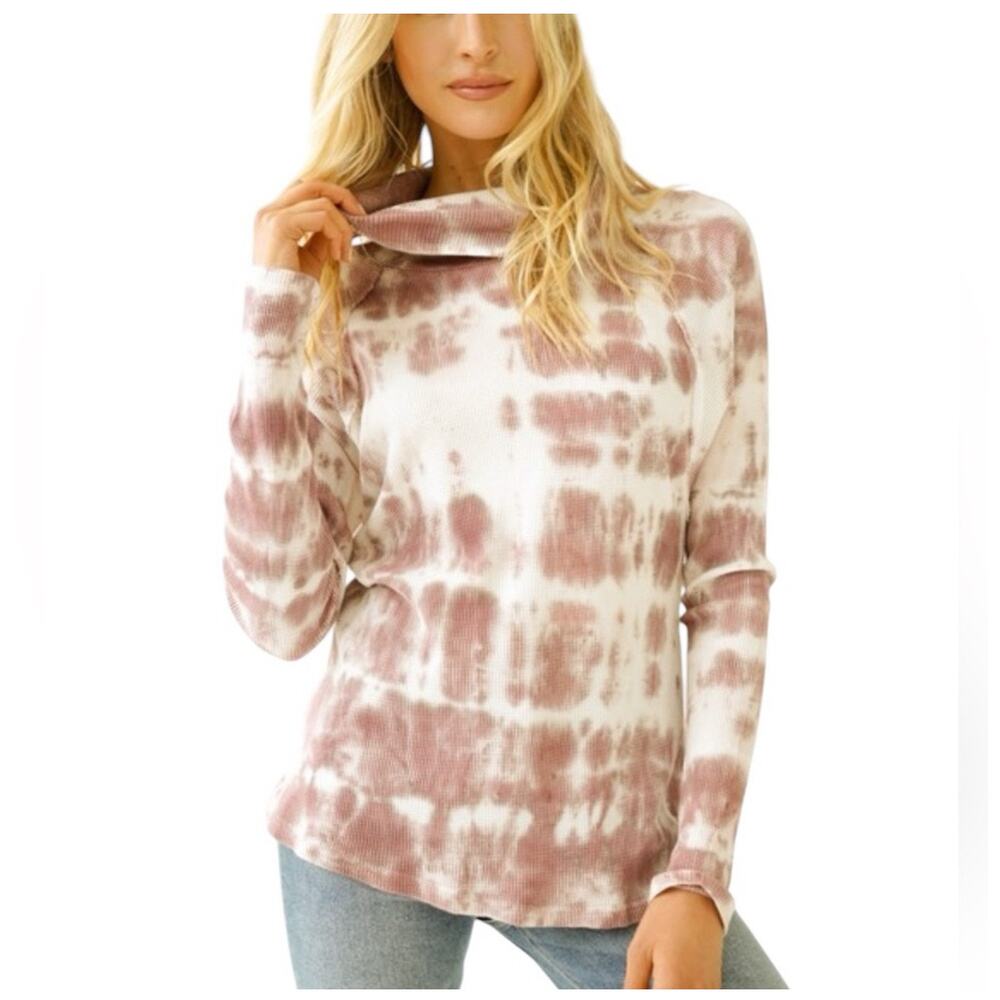 NWT! Women’s Sz M Soft Waffle Knit Mauve Tie Dye Long Sleeve Cowl Neck Top K189